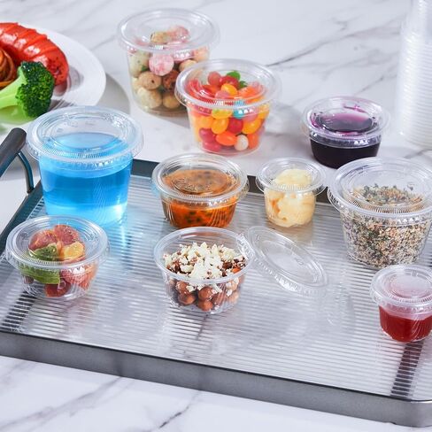 Lamosi 360 Set 2 oz Jello Shot Cups with Lids, Small Plastic Food Portion Condiment Cups with Lids, Food Safe Disposable Soufflé Storage Containers for Salad, Dressing, Sauce, Dipping, Snacks in Kuwait