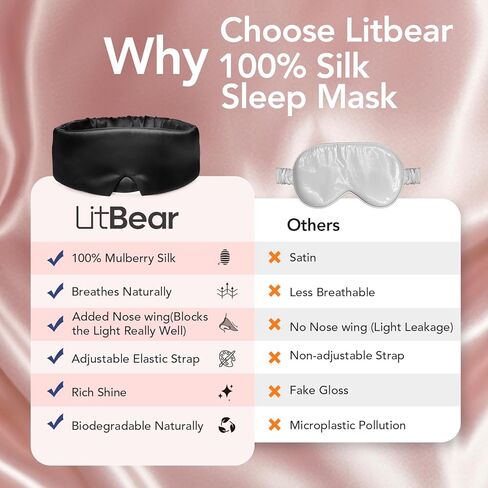 قناع النوم الحريري من LitBear للنساء والرجال، قناع العين للنوم من حرير التوت بنسبة 100% قابل للتعديل للنوم الجانبي، غطاء كامل للعين معتم طوال الليل أو السفر أو المكتب أو القيلولة (أسود) in Kuwait