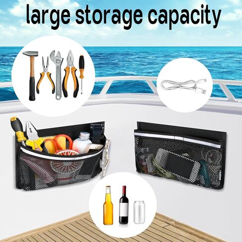 32 Inch Black Mesh Boat Storage Bag with 2 Pockets, Heavy-Duty Tackle & Gear Organizer with Elastic Loops,Suspended for Boat Leaning Post,Pontoon,Truck,SUV,RV,Camping-Marine & Vehicle Accessories in Kuwait