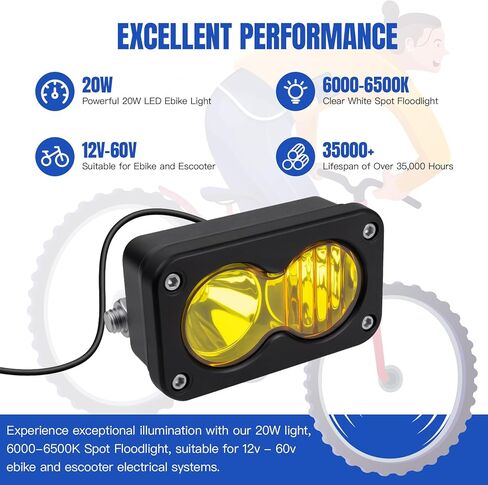 Ebike Light, Yellow 6000-6500K Spot Floodlight 20W Ebike Headlight - 2Pin Compatible for Rad Power Bikes RadRunner RadMini RadRover RadExpand Vamoose Mammoth in Kuwait
