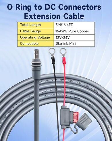 كابل طاقة البطارية المباشر لـ Starlink Mini، 16.4FT 16AWG طرف حلقي عالي التحمل إلى كابل طاقة DC، صمامات مزدوجة 10 أمبير وحامل ATC/ATO مقاوم للماء، مثالي لسيارة RV تعمل بالطاقة الشمسية خارج الشبكة in Kuwait