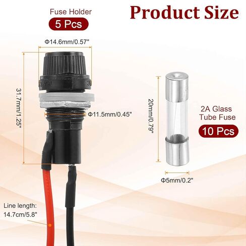 MECCANIXITY 5 Pcs Panel Mount Fuse Holder, 10/15A AC 125/250V 5 x 20mm Fuse Spade Terminal Screw Cap Fuse Holders with Pre-Soldered Wires and 2A Glass Tube Fuses in Saudi Arabia