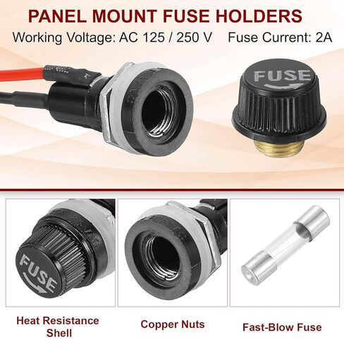 MECCANIXITY 5 Pcs Panel Mount Fuse Holder, 10/15A AC 125/250V 5 x 20mm Fuse Spade Terminal Screw Cap Fuse Holders with Pre-Soldered Wires and 2A Glass Tube Fuses in Saudi Arabia