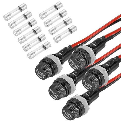 MECCANIXITY 5 Pcs Panel Mount Fuse Holder, 10/15A AC 125/250V 5 x 20mm Fuse Spade Terminal Screw Cap Fuse Holders with Pre-Soldered Wires and 2A Glass Tube Fuses in Saudi Arabia