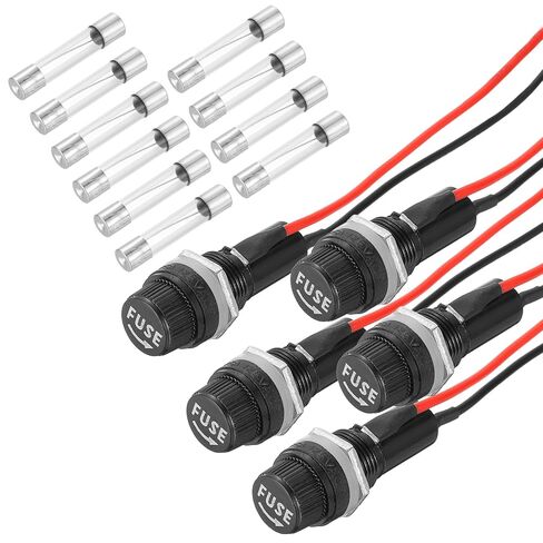 MECCANIXITY 5 Pcs Panel Mount Fuse Holder, 10/15A AC 125/250V 5 x 20mm Fuse Spade Terminal Screw Cap Fuse Holders with Pre-Soldered Wires and 2A Glass Tube Fuses in Saudi Arabia