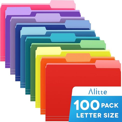 Colored File Folders Letter Size - 100-Pack Bulk, 10 Assorted Color File Folders for Documents, 1/3 Cut Tab - Office Supplies for Filing Cabinet, Desk, and File Folder Organization in Kuwait