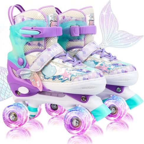 Mermaid Roller Skates for Kids Girls Boys, 4 Size Adjustable Quad Skates with 8 Wheels Light up Fish Scale Design for Beginner Ages 3-12 in Kuwait