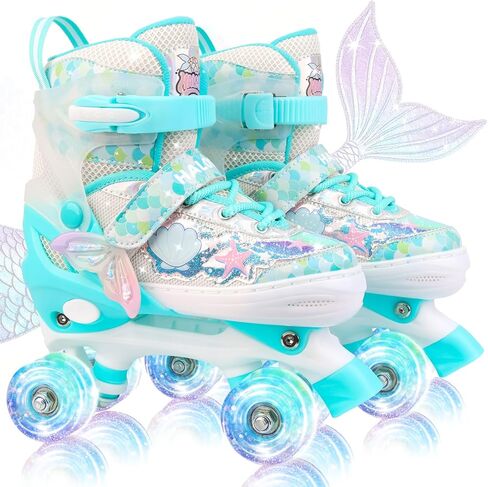 Mermaid Roller Skates for Kids Girls Boys, 4 Size Adjustable Quad Skates with 8 Wheels Light up Fish Scale Design for Beginner Ages 3-12 in Kuwait