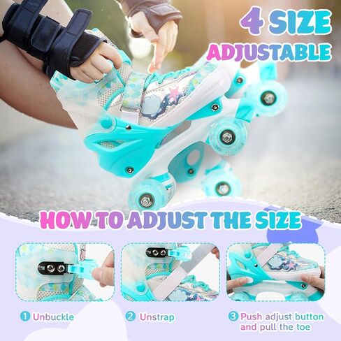 Mermaid Roller Skates for Kids Girls Boys, 4 Size Adjustable Quad Skates with 8 Wheels Light up Fish Scale Design for Beginner Ages 3-12 in Kuwait