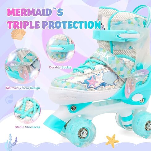 Mermaid Roller Skates for Kids Girls Boys, 4 Size Adjustable Quad Skates with 8 Wheels Light up Fish Scale Design for Beginner Ages 3-12 in Kuwait