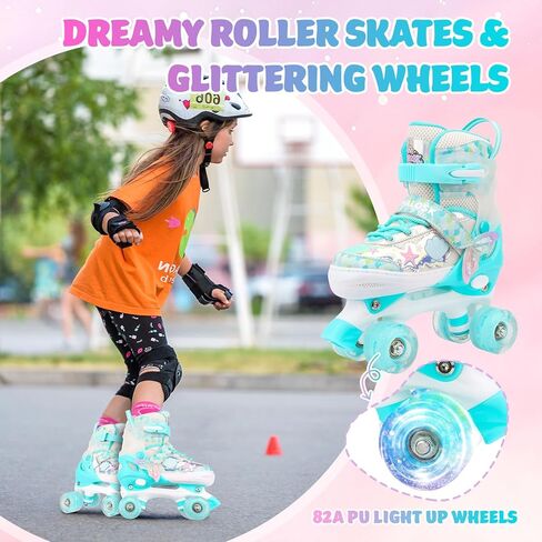 Mermaid Roller Skates for Kids Girls Boys, 4 Size Adjustable Quad Skates with 8 Wheels Light up Fish Scale Design for Beginner Ages 3-12 in Kuwait