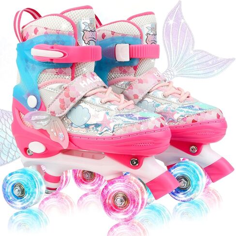 Mermaid Roller Skates for Kids Girls Boys, 4 Size Adjustable Quad Skates with 8 Wheels Light up Fish Scale Design for Beginner Ages 3-12 in Kuwait