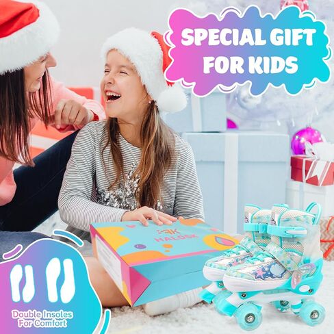 Mermaid Roller Skates for Kids Girls Boys, 4 Size Adjustable Quad Skates with 8 Wheels Light up Fish Scale Design for Beginner Ages 3-12 in Kuwait