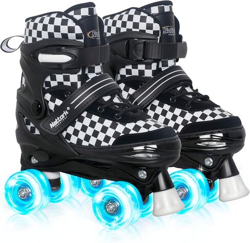 Nattork Adjustable Roller Skates for Kids Teens, Illuminating Wheels Roller Quad Skates with Checkerboard Design for Boys Girls in Saudi Arabia