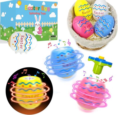 Easter Eggs Basket Stuffers Toys Gifts for Toddler Boys Girls,4 Pack Light up Spinning Tops with Music, Non Candy Easter Egg Hunt Party Favor Supplies Goodie Treat Bag Fillers Classroom Prize for Kids in Kuwait
