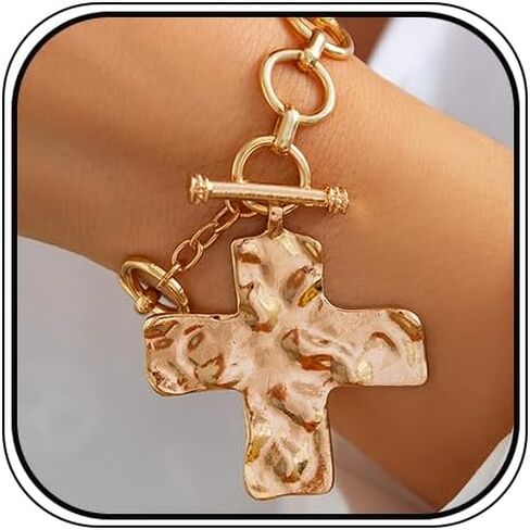 Gold Cross Bracelets for Women Vintage Chunky Hammered Cross Pendant Bracelet Trendy Bold Large Crucifix Toggle Statement Jewelry Religious Accessories in Saudi Arabia