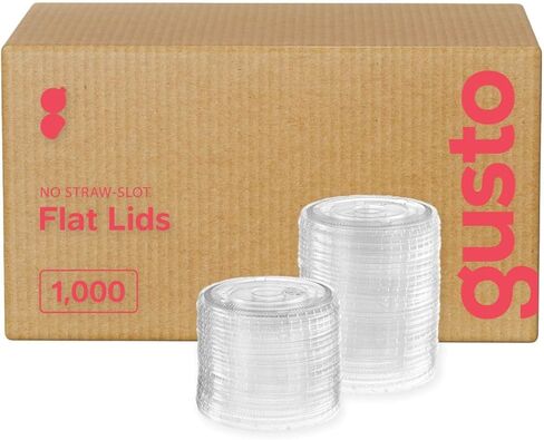 GUSTO [100 قطعة] أغطية بلاستيكية مسطحة شفافة من PET (بدون فتحة) أغطية سهلة التركيب مقاس 98 مم لأكواب ميلك شيك سعة 12 و16 و20 و24 أونصة، مقاومة للتسرب وقابلة للتكديس (عبوة مريحة سابقًا) in Kuwait