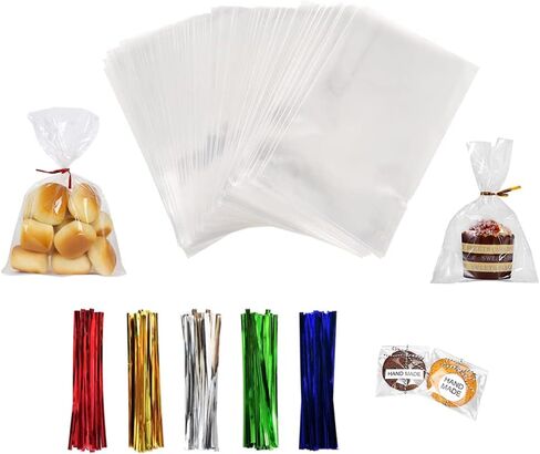 xlsfpy cellophane cellophane أكياس 4 × 9 بوصة ، 100pcs حفلة Goodie لصالح حلوى الأرز كيس مقرمش كيس بوب مع علاقات لملفات تعريف الارتباط عيد ميلاد عيد الميلاد حفل زفاف جديد in Kuwait