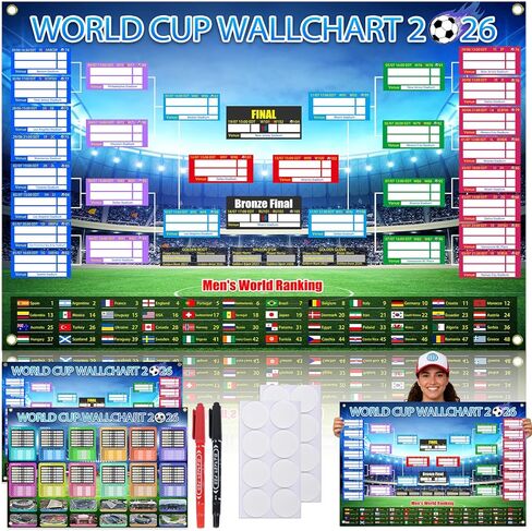 2 قطعة جدول كأس العالم 2026 ملصق لتزيين حفلات كرة القدم، لوحة جدارية عرض مقاومة للماء للمكتب والمنزل، لافتة بضائع لمحبي كرة القدم مقاس 33 × 24 بوصة in Saudi Arabia