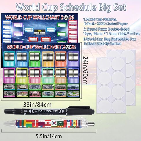 qiyeyeye World Cup Sports Event Schedule Poster 2026 2 PCS Knockout Stage Bracket Wallchart & Group Stage Wallchart Showcase Waterproof Soccer Backdrop Banner Merchandise Decor Fans Gifts 33x24 in Saudi Arabia