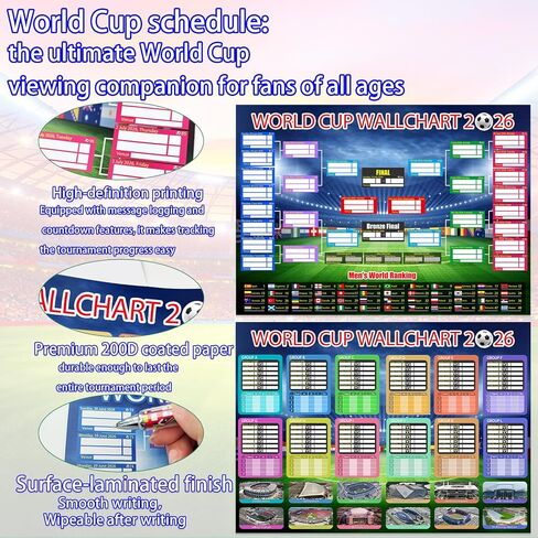 qiyeyeye World Cup Sports Event Schedule Poster 2026 2 PCS Knockout Stage Bracket Wallchart & Group Stage Wallchart Showcase Waterproof Soccer Backdrop Banner Merchandise Decor Fans Gifts 33x24 in Saudi Arabia