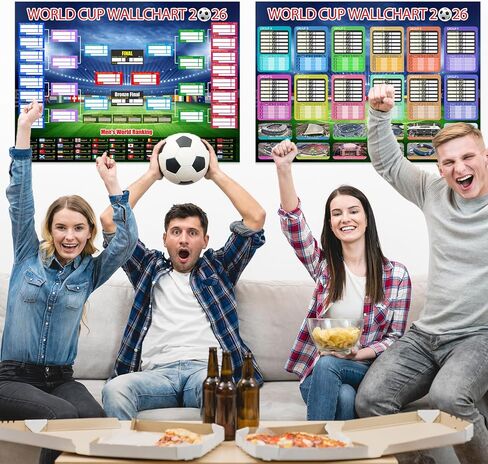 qiyeyeye World Cup Sports Event Schedule Poster 2026 2 PCS Knockout Stage Bracket Wallchart & Group Stage Wallchart Showcase Waterproof Soccer Backdrop Banner Merchandise Decor Fans Gifts 33x24 in Saudi Arabia