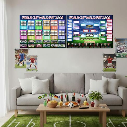 qiyeyeye World Cup Sports Event Schedule Poster 2026 2 PCS Knockout Stage Bracket Wallchart & Group Stage Wallchart Showcase Waterproof Soccer Backdrop Banner Merchandise Decor Fans Gifts 33x24 in Saudi Arabia
