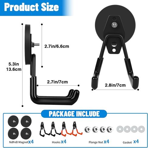 Heavy Duty Garage Magnetic Hooks 4 Pack - Neodymium Magnet Hooks with Anti-Slip Rubber Coating for Wall Metal, Workshop Tools, Broom Holder, No Drill Storage for Wall Metal, Workshop in Saudi Arabia