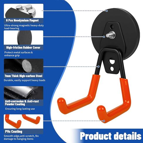 Heavy Duty Garage Magnetic Hooks 4 Pack - Neodymium Magnet Hooks with Anti-Slip Rubber Coating for Wall Metal, Workshop Tools, Broom Holder, No Drill Storage for Wall Metal, Workshop in Saudi Arabia
