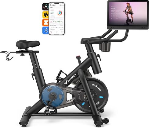 Merach Exercise Bike, Magnetic Stationary Bike with 15.6"HD Screen, Low Noise Indoor Cycling Bike with 300lbs Weight Capacity, Comfortable Bike Seat, Tablet Mount and Fitness Courses for Weight Loss in Kuwait