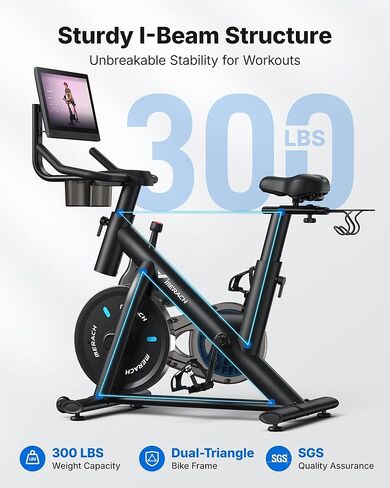 Merach Exercise Bike, Magnetic Stationary Bike with 15.6"HD Screen, Low Noise Indoor Cycling Bike with 300lbs Weight Capacity, Comfortable Bike Seat, Tablet Mount and Fitness Courses for Weight Loss in Kuwait