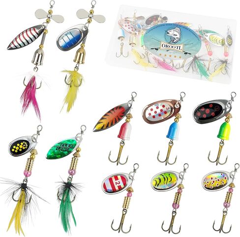 OROOTL Fishing Lures Spinner Baits Kit, 5/10pcs Inline Spinnerbait with Rooster Feather Treble Hooks Spoon Lures for Bass Salmon Trout Hard Metal Spinner Baits with Tackle Box in Kuwait