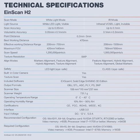 EinScan H2 Hybrid LED ومصدر ضوء الأشعة تحت الحمراء ماسح ضوئي ثلاثي الأبعاد ملون بحافة صلبة إصدار ثلاثي الأبعاد لبرنامج CAD in Kuwait