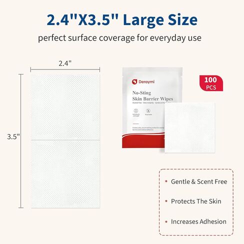 100 Pcs Skin Barrier Wipes, 2.4" x 3.5" Skin Prep Protective Wipes, No Sting Skin Adhesive Wipes to Create The Barrier Film Between Skin and Attachments, Ostomy Barrier Film Wipes (Alcohol Free) in Kuwait