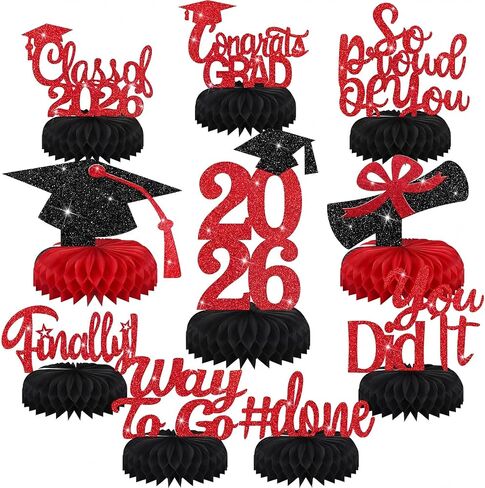 10 Pcs Graduation Decorations Class of 2025, Table Glitter Graduation Centerpieces Honeycomb, Congratulate Grad Table Toppers Decor for 2025 Congrats Grad Party Supplies(Black and Red) in Kuwait