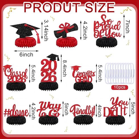 10 Pcs Graduation Decorations Class of 2025, Table Glitter Graduation Centerpieces Honeycomb, Congratulate Grad Table Toppers Decor for 2025 Congrats Grad Party Supplies(Black and Red) in Kuwait