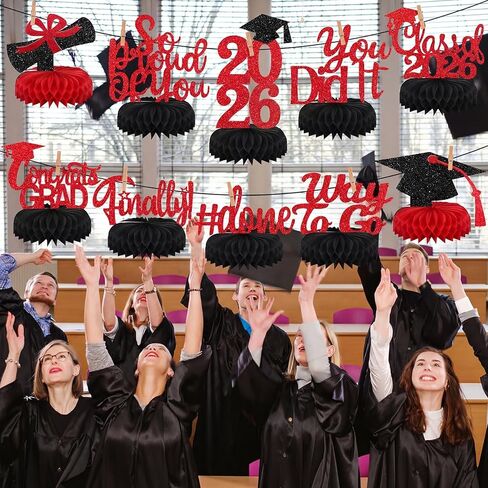 10 Pcs Graduation Decorations Class of 2025, Table Glitter Graduation Centerpieces Honeycomb, Congratulate Grad Table Toppers Decor for 2025 Congrats Grad Party Supplies(Black and Red) in Kuwait