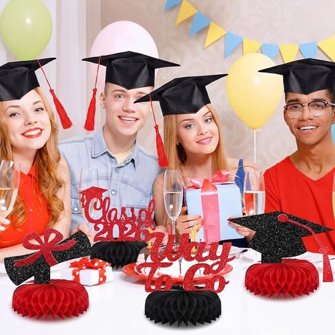 10 Pcs Graduation Decorations Class of 2025, Table Glitter Graduation Centerpieces Honeycomb, Congratulate Grad Table Toppers Decor for 2025 Congrats Grad Party Supplies(Black and Red) in Kuwait
