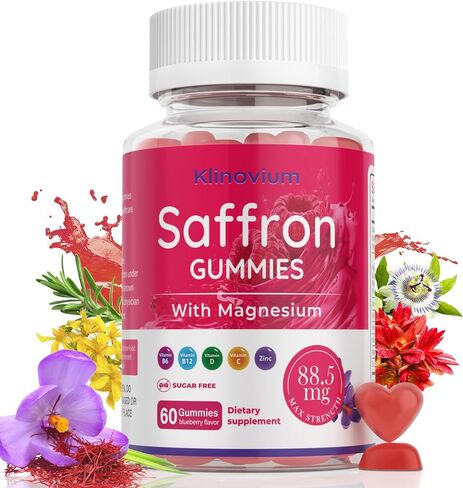 Saffron Gummies with Saffron 88.5mg + Magnesium Glycinate 300mg | Max Strength Saffron Supplements with St. John's Wort, L-Theanine, Rhodiola, Rosemary - Supports Mood & Focus in Saudi Arabia