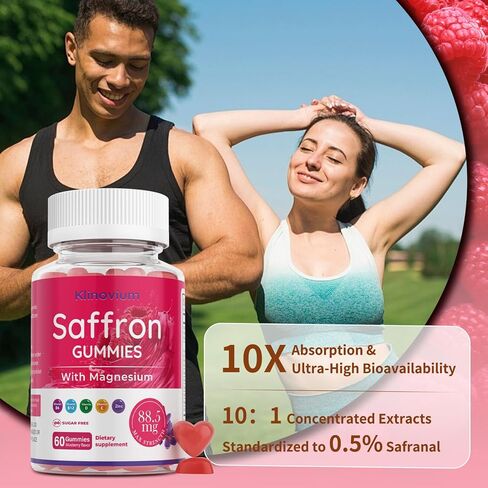 Saffron Gummies with Saffron 88.5mg + Magnesium Glycinate 300mg | Max Strength Saffron Supplements with St. John's Wort, L-Theanine, Rhodiola, Rosemary - Supports Mood & Focus in Saudi Arabia