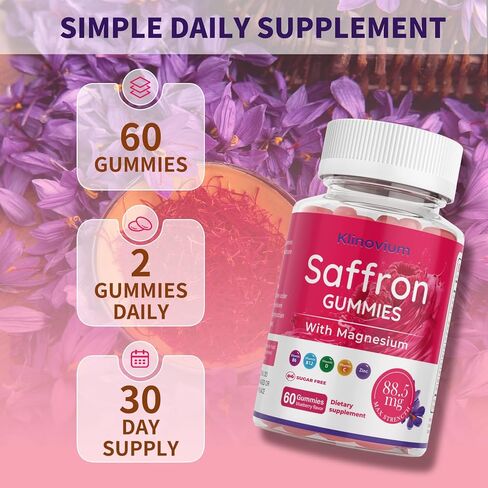 Saffron Gummies with Saffron 88.5mg + Magnesium Glycinate 300mg | Max Strength Saffron Supplements with St. John's Wort, L-Theanine, Rhodiola, Rosemary - Supports Mood & Focus in Saudi Arabia