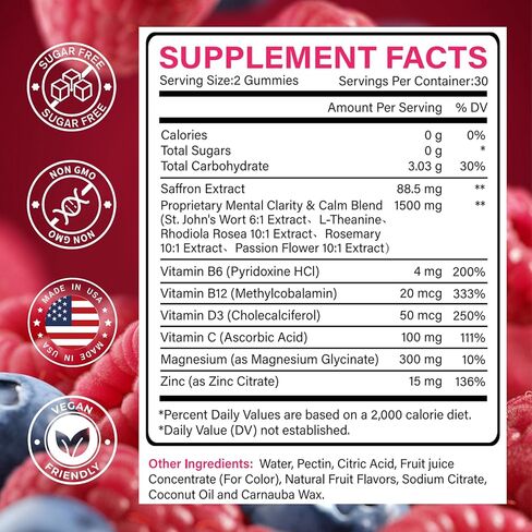 Saffron Gummies with Saffron 88.5mg + Magnesium Glycinate 300mg | Max Strength Saffron Supplements with St. John's Wort, L-Theanine, Rhodiola, Rosemary - Supports Mood & Focus in Saudi Arabia