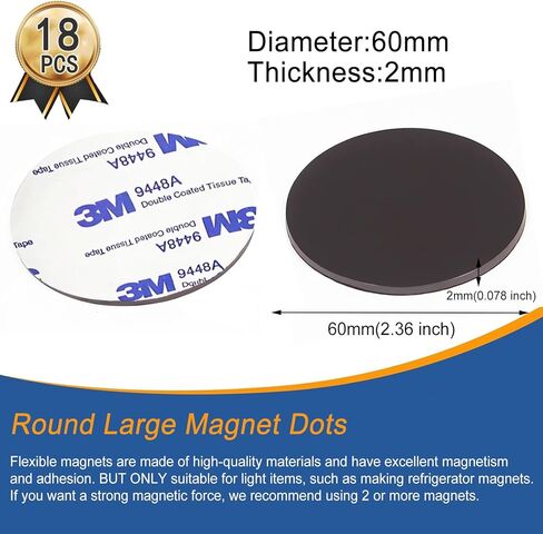 نقطة مغناطيسية مرنة مع لاصق ذاتي، مغناطيس دائري كبير مع دعامة لاصقة للسبورة البيضاء الحرفية، مدرسة الحرف اليدوية للثلاجة، 18 قطعة بقطر 60 مم 2.36 بوصة × 0.08 بوصة in Kuwait