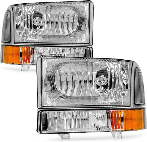 Headlights Assembly Fit for 1999 2000 2001 2002 2003 2004 Ford F250 F350 F450 F550 Super Duty/2000-2004 Ford Excursion with Corner Bumper Set Chrome Housing Amber Reflector Replacementh in Saudi Arabia