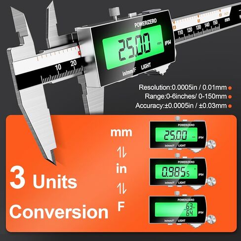 Preciva Backlight Digital Caliper,6inch IP54 Waterproof Rechargeable Electronic Micrometer with LCD Screen, Measurement Conversions for in/MM/F Precision Tool for DIY and Professional Use（Black） in Kuwait
