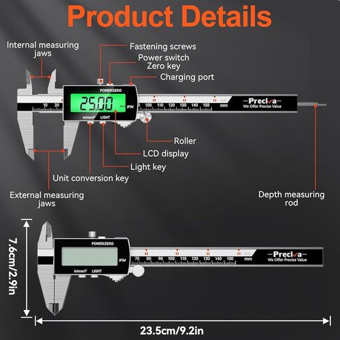 Preciva Backlight Digital Caliper,6inch IP54 Waterproof Rechargeable Electronic Micrometer with LCD Screen, Measurement Conversions for in/MM/F Precision Tool for DIY and Professional Use（Black） in Kuwait