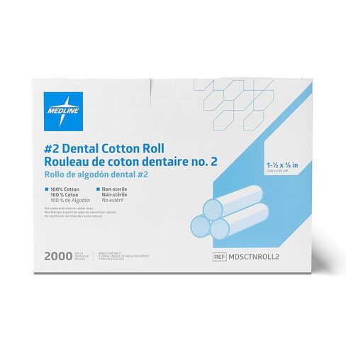 Medline #2 Dental Cotton Rolls, Nonsterile, 1-1/2 Inch x 3/8 Inch, Soft Flexible Absorbent Rolls for Dental Procedures, Oral Care, and Medical Use, 2000 Count in Kuwait