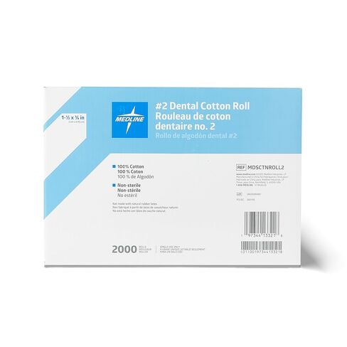 Medline #2 Dental Cotton Rolls, Nonsterile, 1-1/2 Inch x 3/8 Inch, Soft Flexible Absorbent Rolls for Dental Procedures, Oral Care, and Medical Use, 2000 Count in Kuwait
