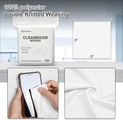 Cleanroom Wipers 6"x6"(150 Pcs, 100% Polyester, Class 100, 140GSM) Double Knit 100% Lint Free Cloths with Ultra-fine Filaments, Laser Sealed Edge Ultra-Soft Wipers in Kuwait