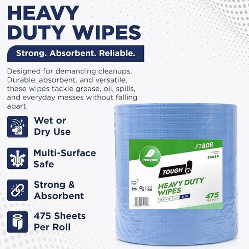 Fresh Towel FT80B Heavy Duty Wipes, Blue, 11.8" x 13" Inch Durable Multipurpose Cleaning Wipes for Household, Kitchen, Garage & Industrial Use (1 Roll of 475 Sheets) in Kuwait